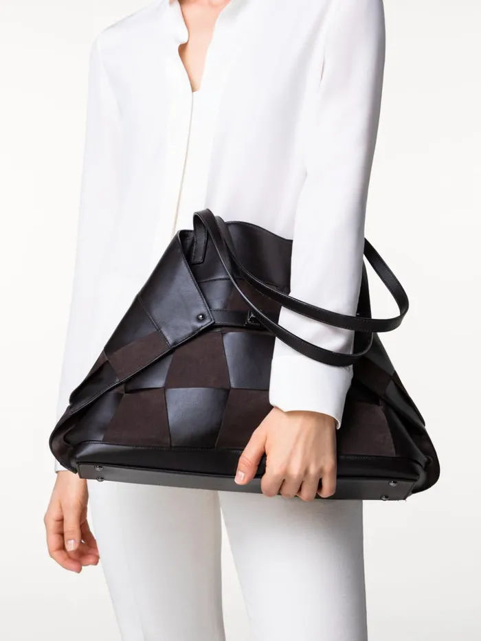 Medium Ai Shoulder Bag In Braided Leather And Nubuck Trapezoids Mocca Women Akris Shoulder Bags