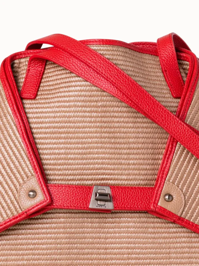 Medium Ai Shoulder Bag In Raffia Camelscarlet Women Akris Tote Bags