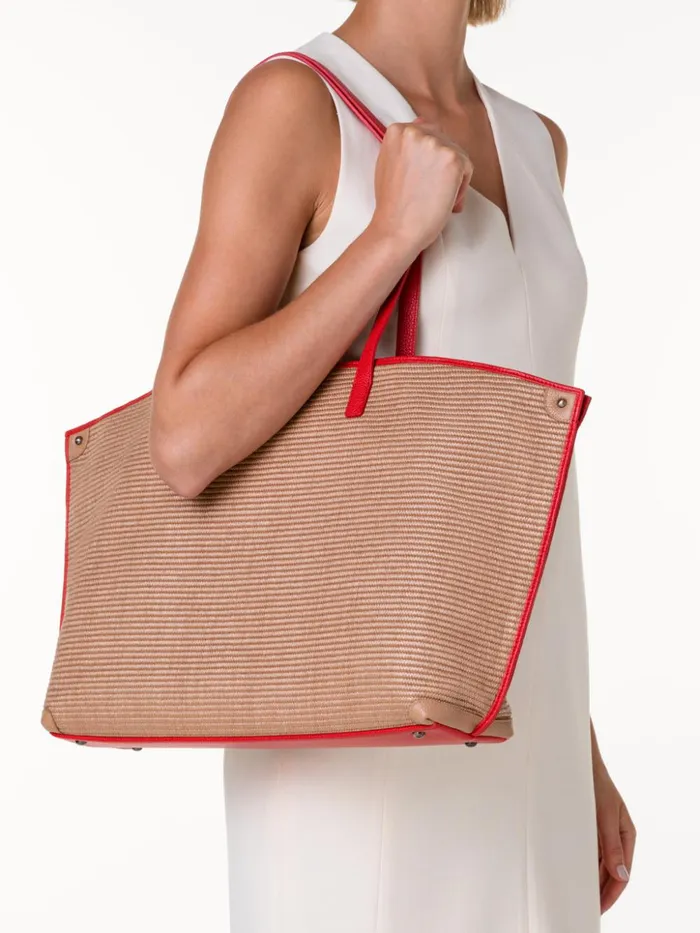 Medium Ai Shoulder Bag In Raffia Camelscarlet Women Akris Tote Bags