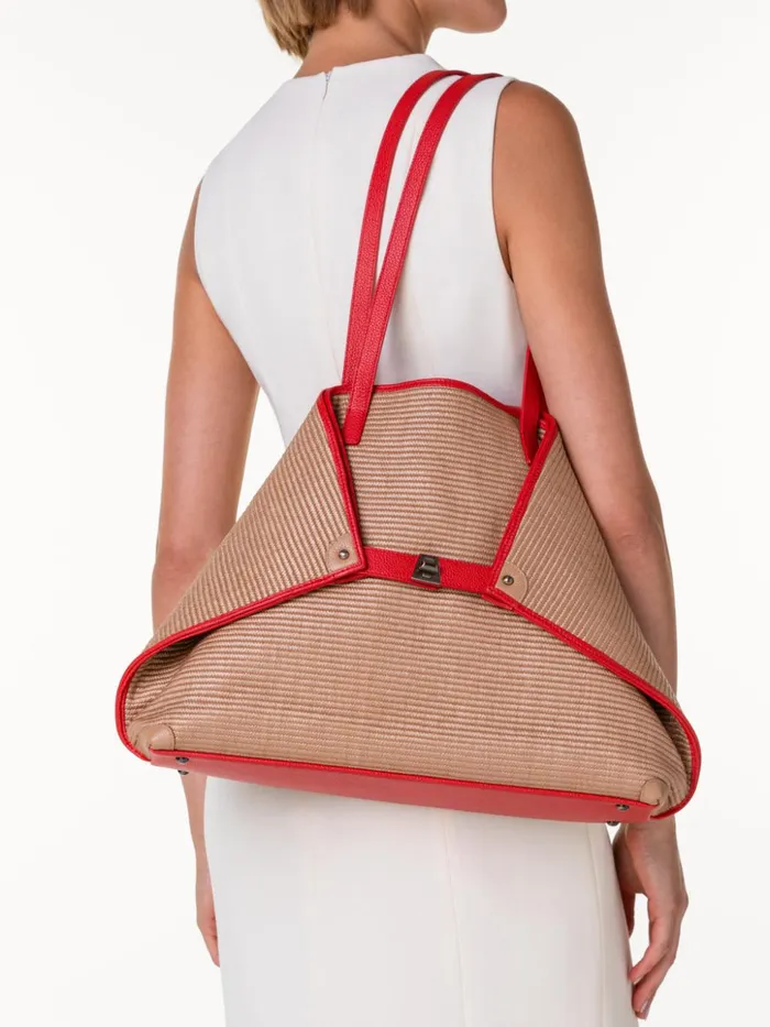Medium Ai Shoulder Bag In Raffia Camelscarlet Women Akris Tote Bags