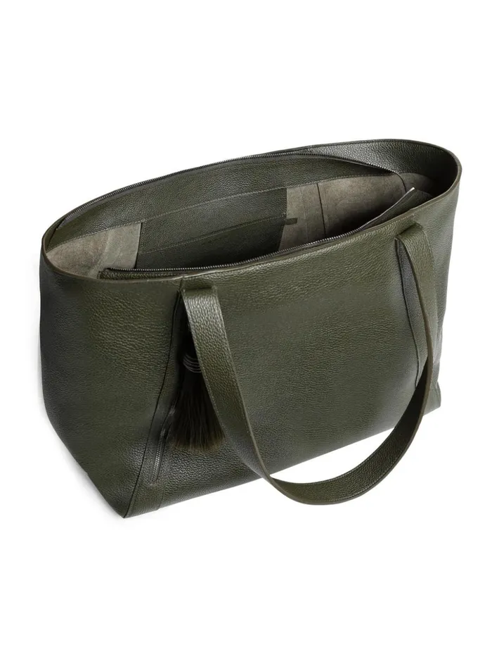 Medium Leather Zip Tote Bag Olive Women Akris Tote Bags