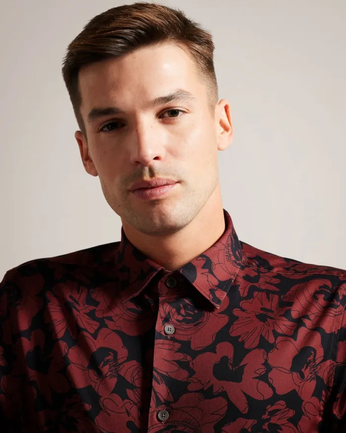 Men BOLEENA 8211 Long Sleeve Bold Floral Shirt Dark Red Ted Baker Shirts