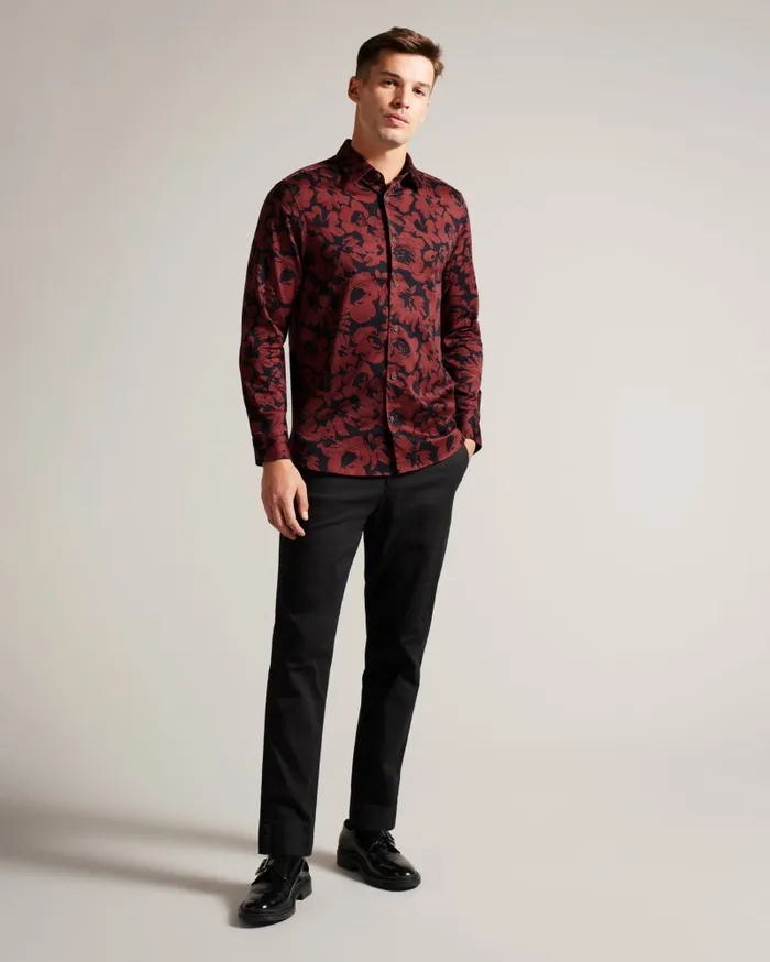 Men BOLEENA 8211 Long Sleeve Bold Floral Shirt Dark Red Ted Baker Shirts