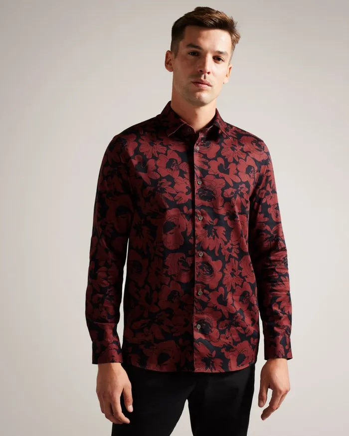 Men BOLEENA 8211 Long Sleeve Bold Floral Shirt Dark Red Ted Baker Shirts