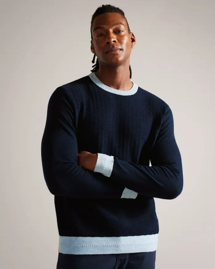 Men CAPAB 8211 Contrast Trims Crew Neck Jumper Navy Ted Baker Jumpers and Knitwear