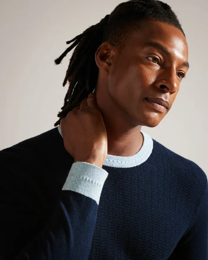 Men CAPAB 8211 Contrast Trims Crew Neck Jumper Navy Ted Baker Jumpers and Knitwear