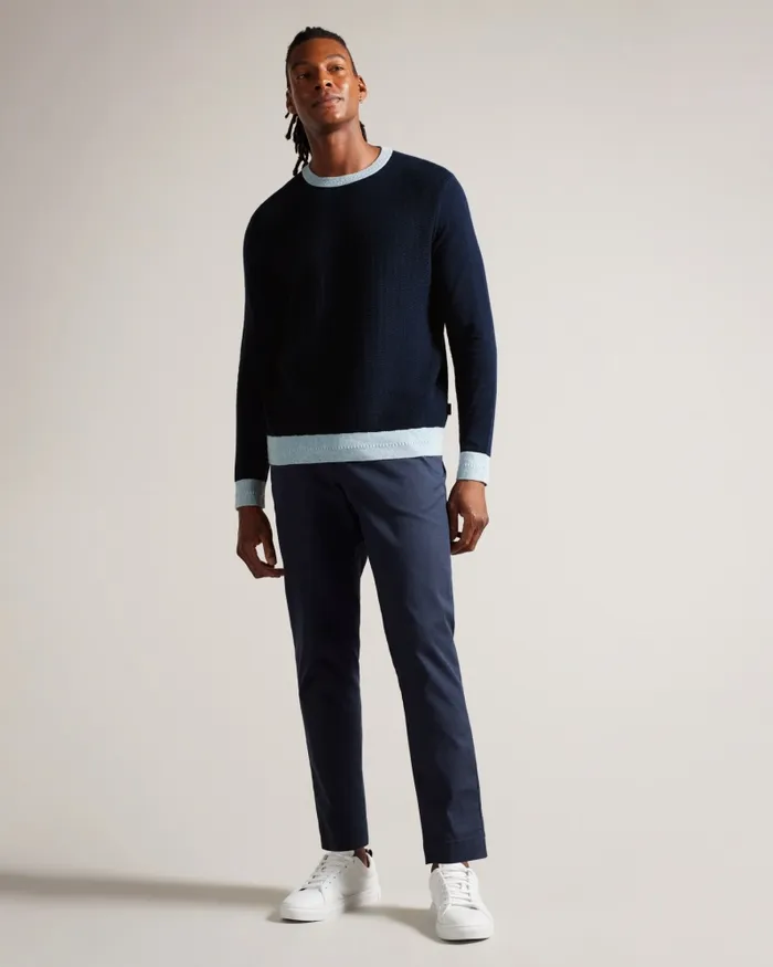 Men CAPAB 8211 Contrast Trims Crew Neck Jumper Navy Ted Baker Jumpers and Knitwear