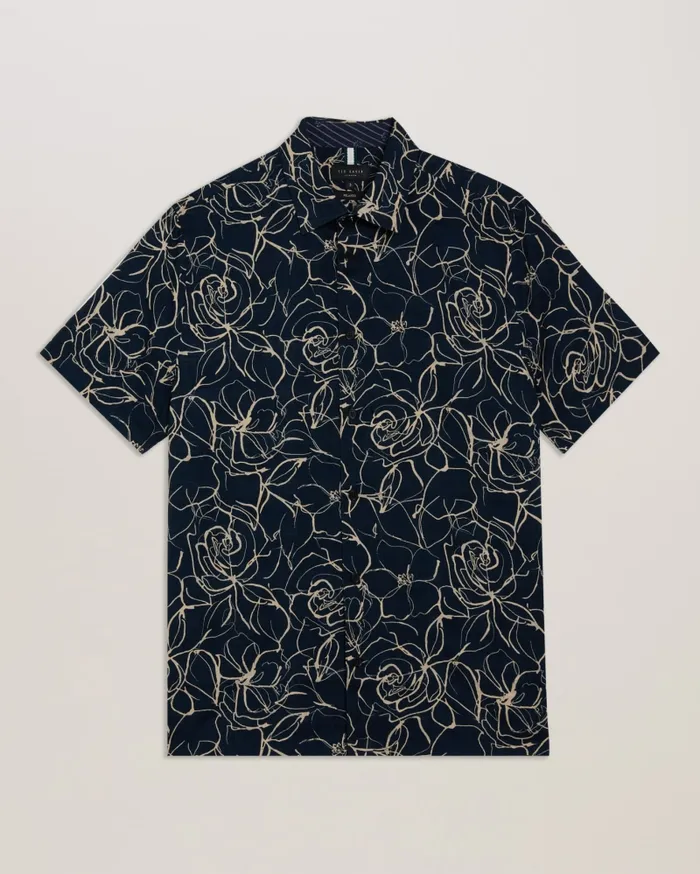 Men CAVU 8211 Short Sleeve Printed Cotton Shirt Navy Ted Baker Shirts