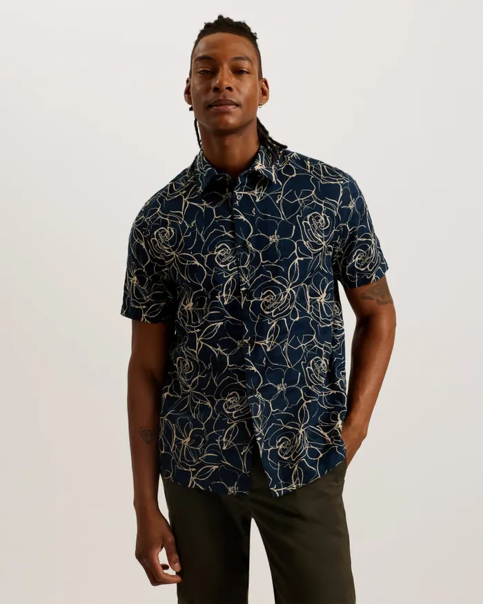 Men CAVU 8211 Short Sleeve Printed Cotton Shirt Navy Ted Baker Shirts Men CAVU 8211 Short Sleeve Printed Cotton Shirt Navy Ted Baker Shirts