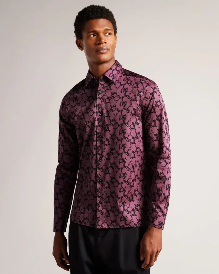 Men COMLEE 8211 Long Sleeve Floral Print Shirt Maroon Ted Baker Shirts