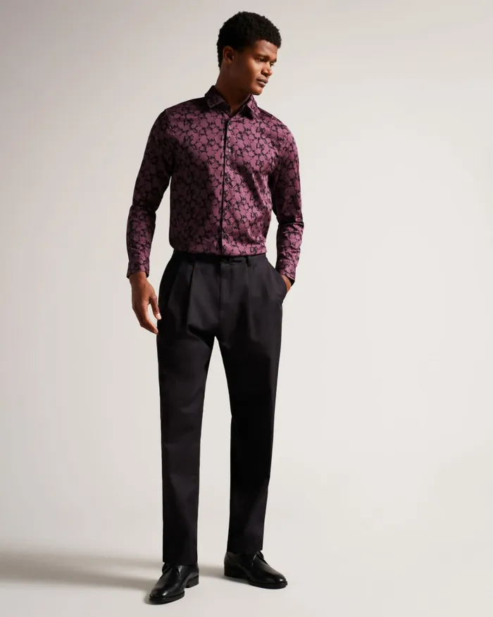 Men COMLEE 8211 Long Sleeve Floral Print Shirt Maroon Ted Baker Shirts