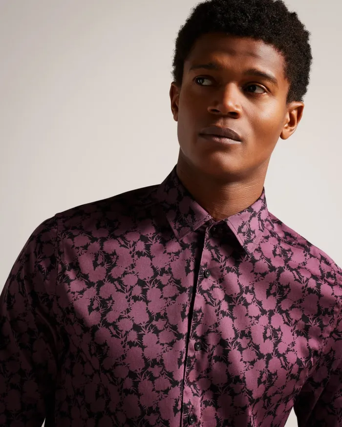 Men COMLEE 8211 Long Sleeve Floral Print Shirt Maroon Ted Baker Shirts