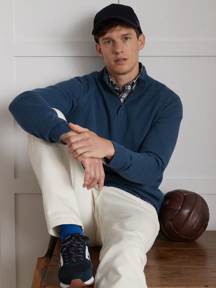 Men Cyrillus Clothing High Neck Cotton Silk And Cashmere Sweater Bleu Jeans