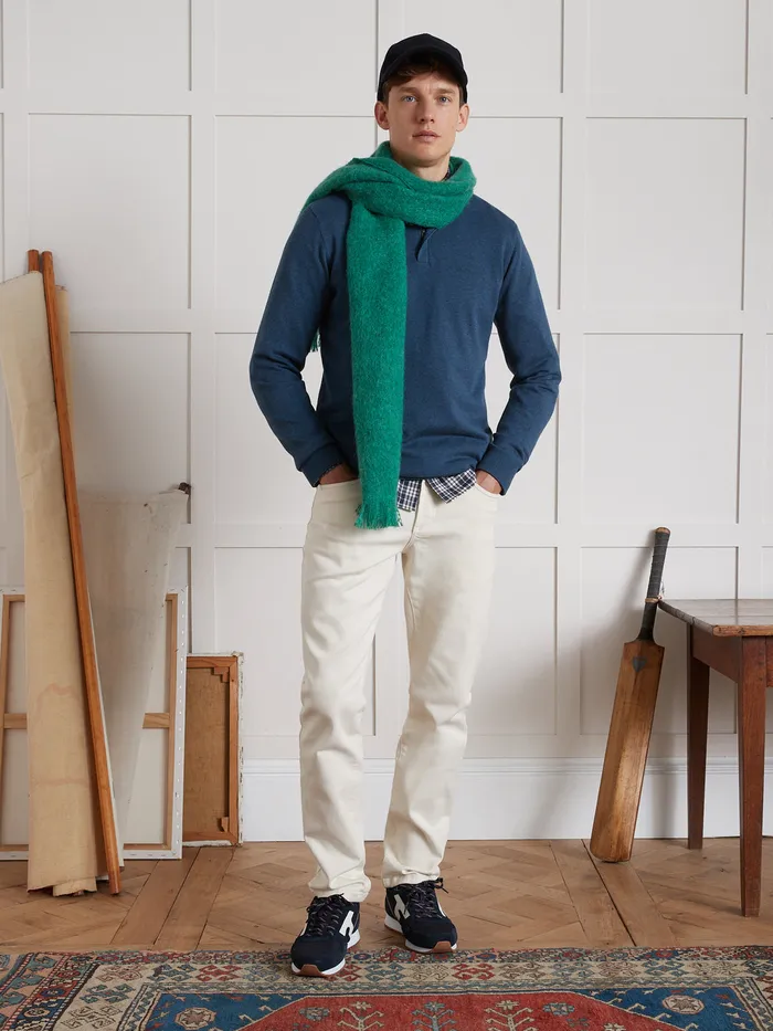 Men Cyrillus Clothing High Neck Cotton Silk And Cashmere Sweater Bleu Jeans