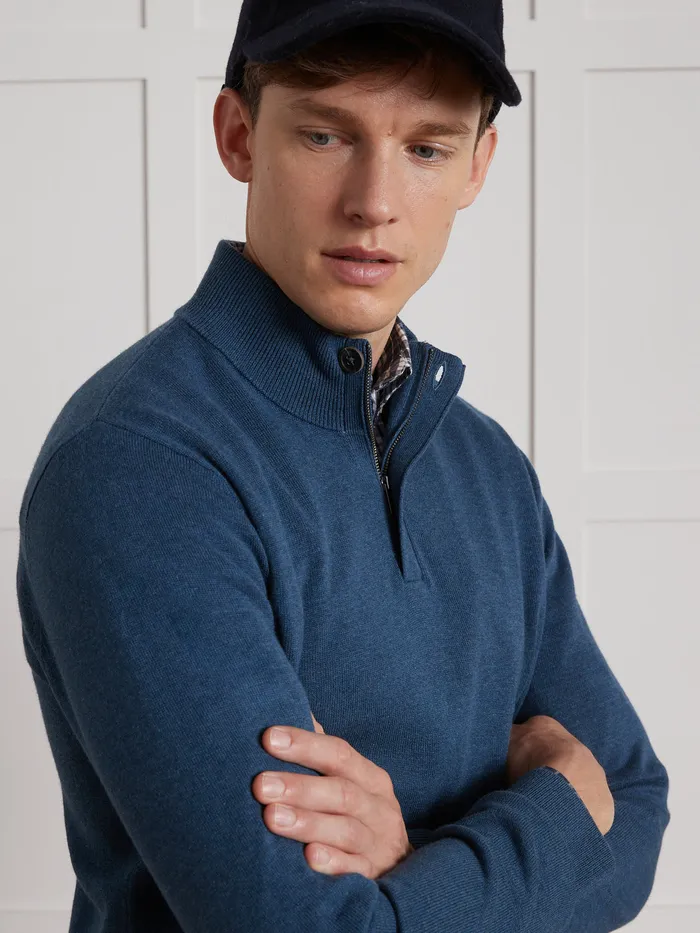 Men Cyrillus Clothing High Neck Cotton Silk And Cashmere Sweater Bleu Jeans