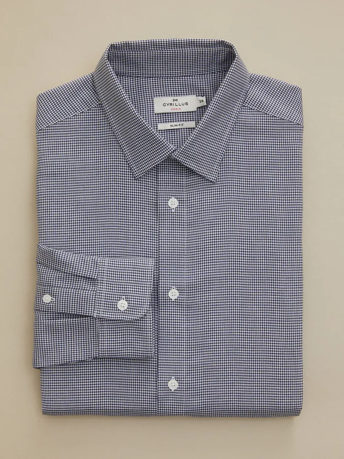 Men Cyrillus Clothing Slim Fit NonIron Mini Houndstooth Shirt Bleu Vif Imprime