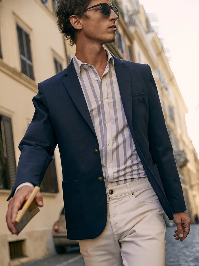 Men Cyrillus Clothing Twill Blazer With Novel Buttons Marine