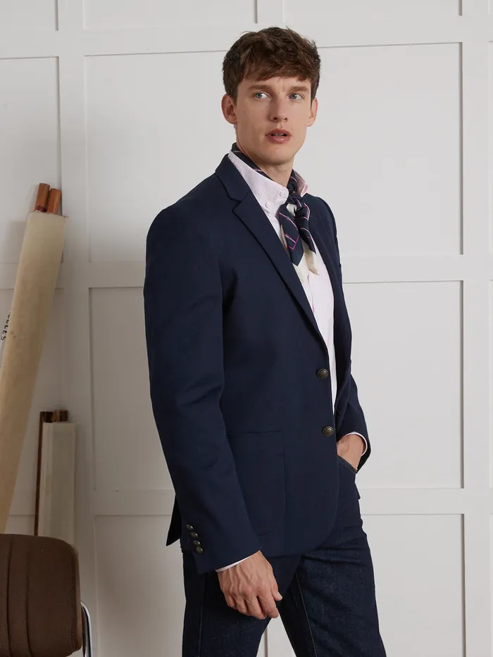 Men Cyrillus Clothing Twill Blazer With Novel Buttons Marine