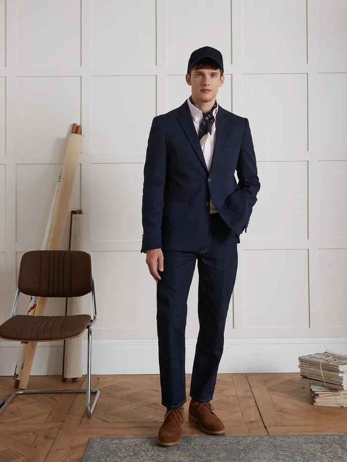 Men Cyrillus Clothing Twill Blazer With Novel Buttons Marine