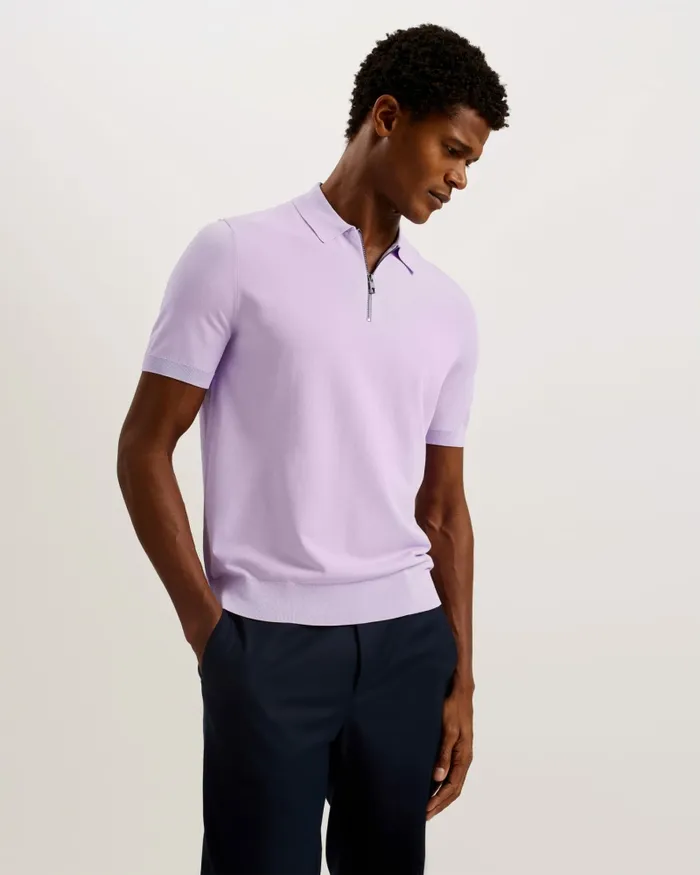 Men DALDIN 8211 Short Sleeve Rayon Zip Polo Shirt Lilac Ted Baker Jumpers and Knitwear Men DALDIN 8211 Short Sleeve Rayon Zip Polo Shirt Lilac Ted Baker Jumpers and Knitwear
