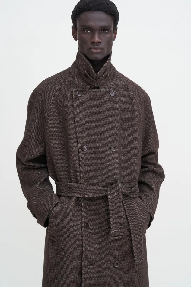 Men Double Breasted Wool Trench Coat Walnut Brown Filippa K Outerwear