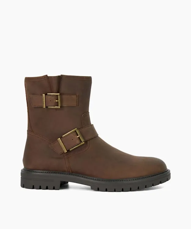Men Dune London Casual Boots Chunky Buckle Biker Boots Brown