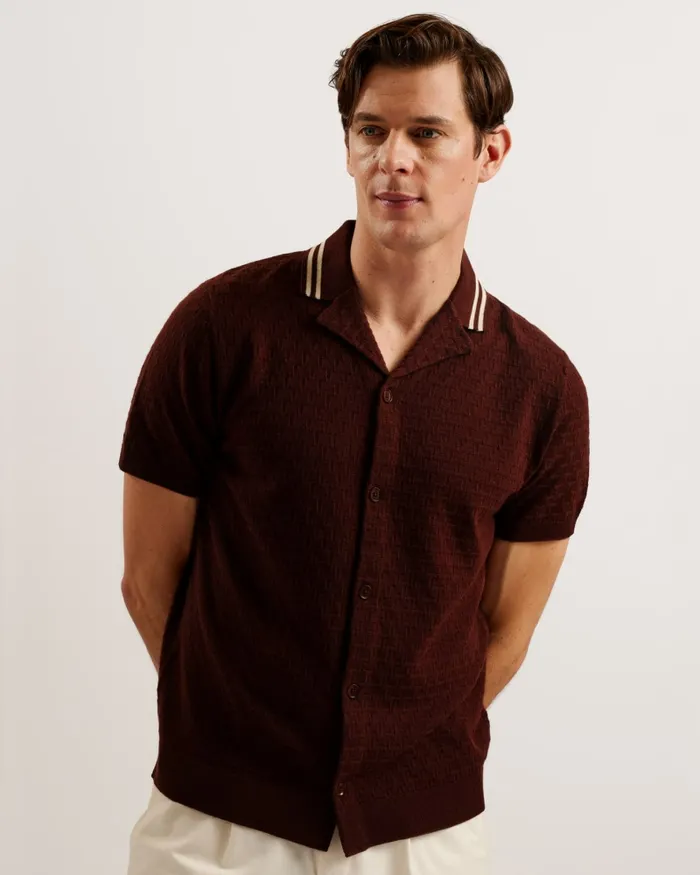 Men EWANN 8211 Short Sleeve Textured Knit Shirt Dark Brown Ted Baker Jumpers and Knitwear