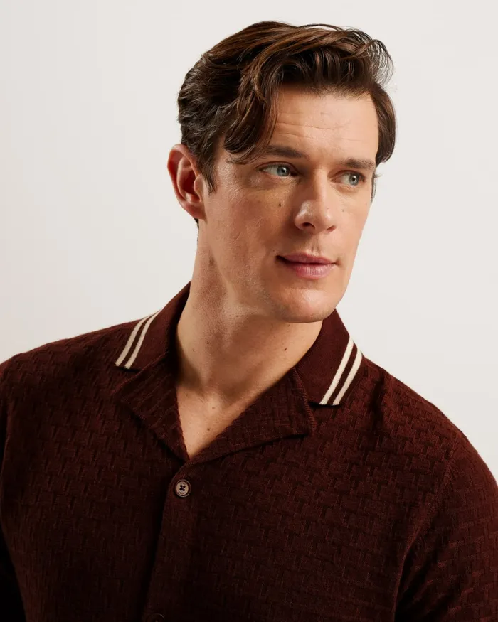 Men EWANN 8211 Short Sleeve Textured Knit Shirt Dark Brown Ted Baker Jumpers and Knitwear