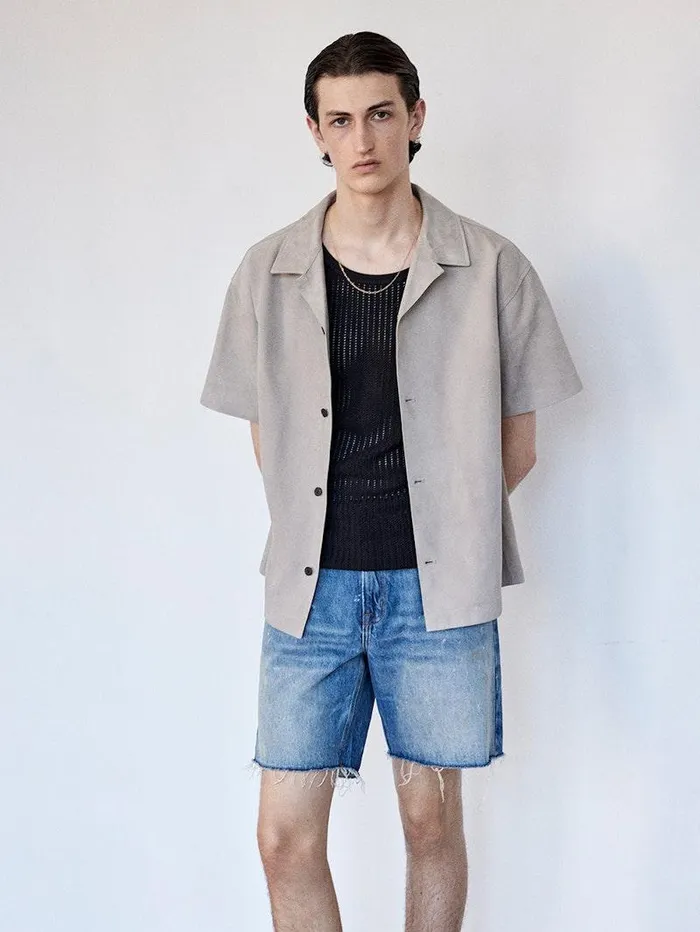 Men FRAME Leather and Suede Short Sleeve Suede Shirt