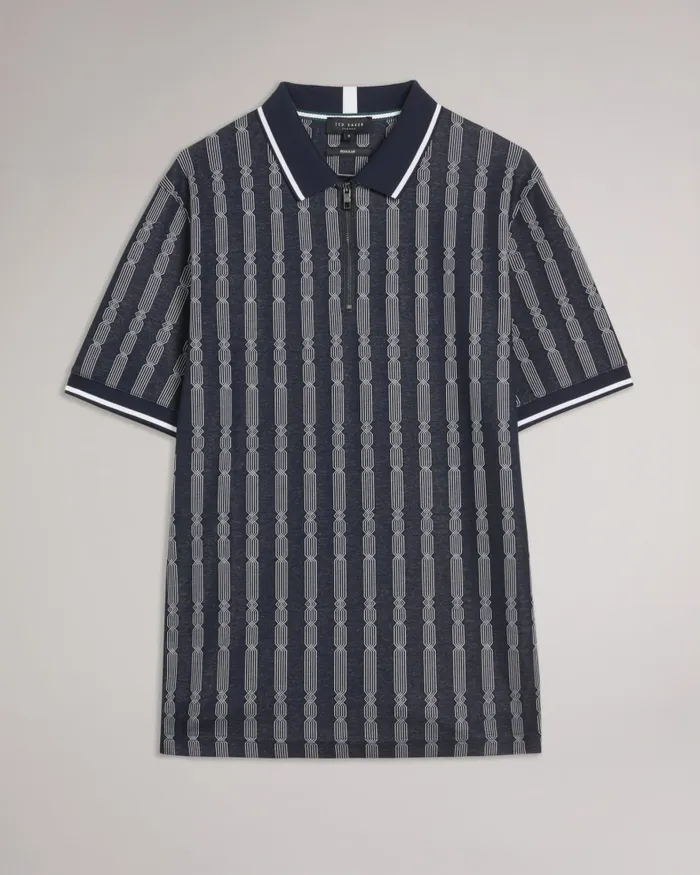 Men ICKEN 8211 Geometric Jacquard Zip Polo Shirt Navy Ted Baker Tops