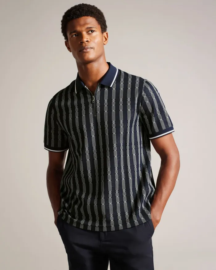 Men ICKEN 8211 Geometric Jacquard Zip Polo Shirt Navy Ted Baker Tops