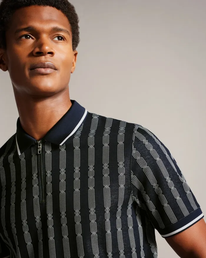 Men ICKEN 8211 Geometric Jacquard Zip Polo Shirt Navy Ted Baker Tops