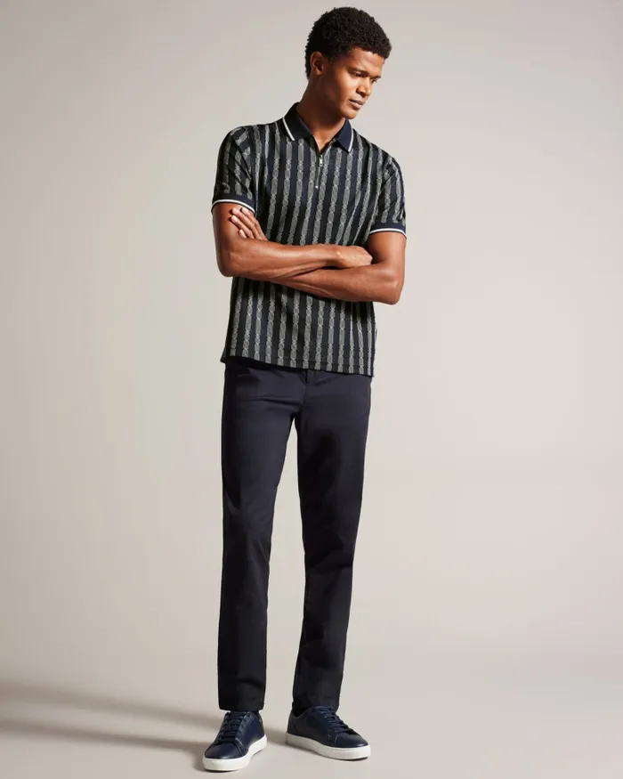 Men ICKEN 8211 Geometric Jacquard Zip Polo Shirt Navy Ted Baker Tops