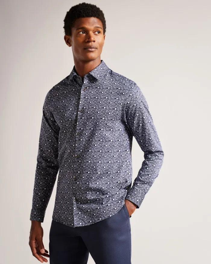 Men MACCLE 8211 Long Sleeve Spot Print Shirt Navy Ted Baker Shirts Men MACCLE 8211 Long Sleeve Spot Print Shirt Navy Ted Baker Shirts