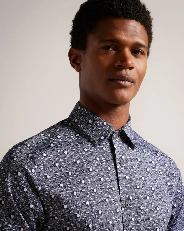 Men MACCLE 8211 Long Sleeve Spot Print Shirt Navy Ted Baker Shirts Men MACCLE 8211 Long Sleeve Spot Print Shirt Navy Ted Baker Shirts