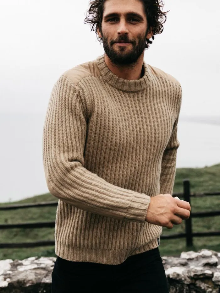 Men Needus Patched Crew Knit Jumper Flint Finisterre Knitwear