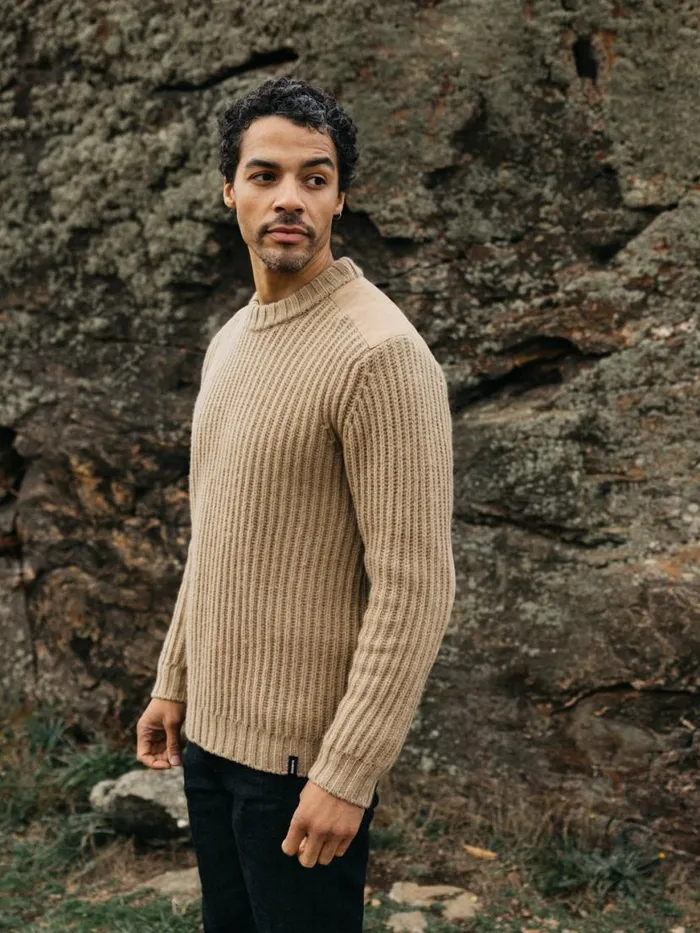 Men Needus Patched Crew Knit Jumper Flint Finisterre Knitwear