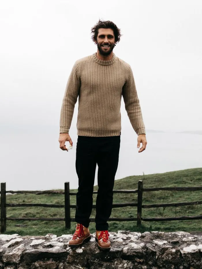 Men Needus Patched Crew Knit Jumper Flint Finisterre Knitwear