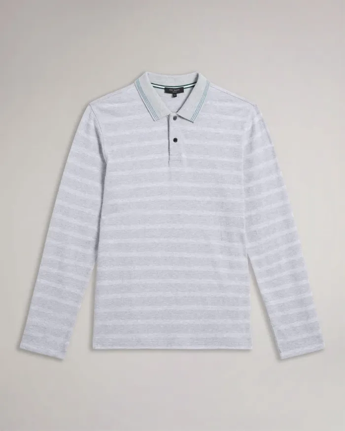 Men PENINE 8211 Long Sleeve Textured Stripe Polo Shirt Greymarl Ted Baker Polo Shirts