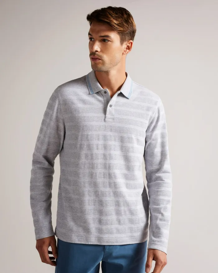 Men PENINE 8211 Long Sleeve Textured Stripe Polo Shirt Greymarl Ted Baker Polo Shirts