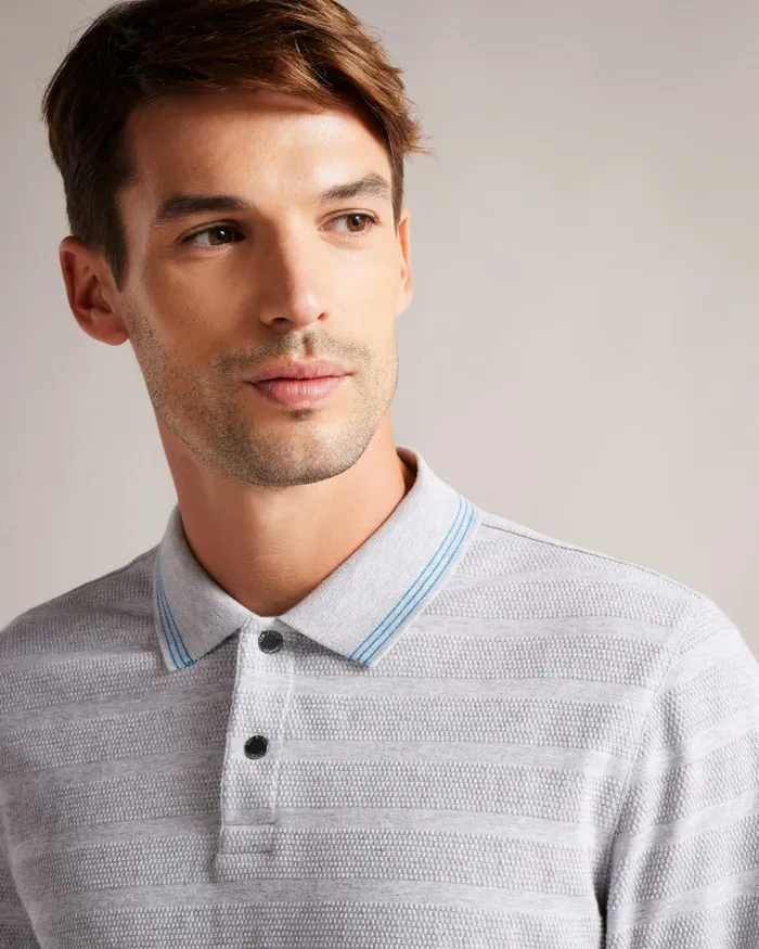 Men PENINE 8211 Long Sleeve Textured Stripe Polo Shirt Greymarl Ted Baker Polo Shirts