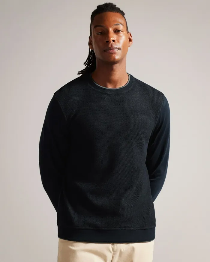 Men RAKET 8211 Textured Front Jumper Navy Ted Baker Tops Men RAKET 8211 Textured Front Jumper Navy Ted Baker Tops