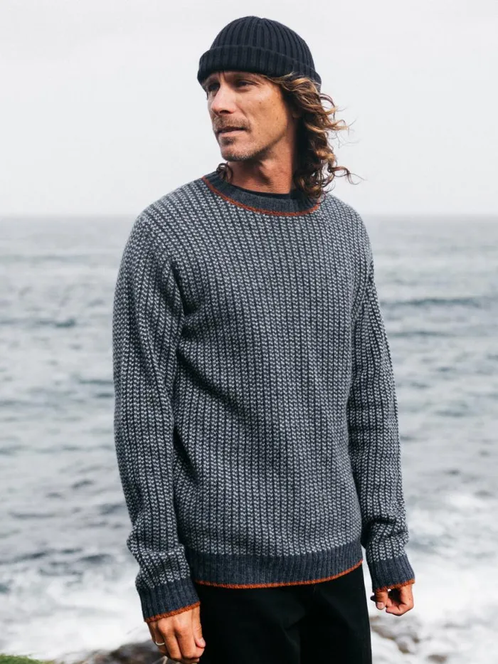 Men Selfost Nordic Patterned Crew Jumper Navyskydark Rosewood Finisterre Knitwear