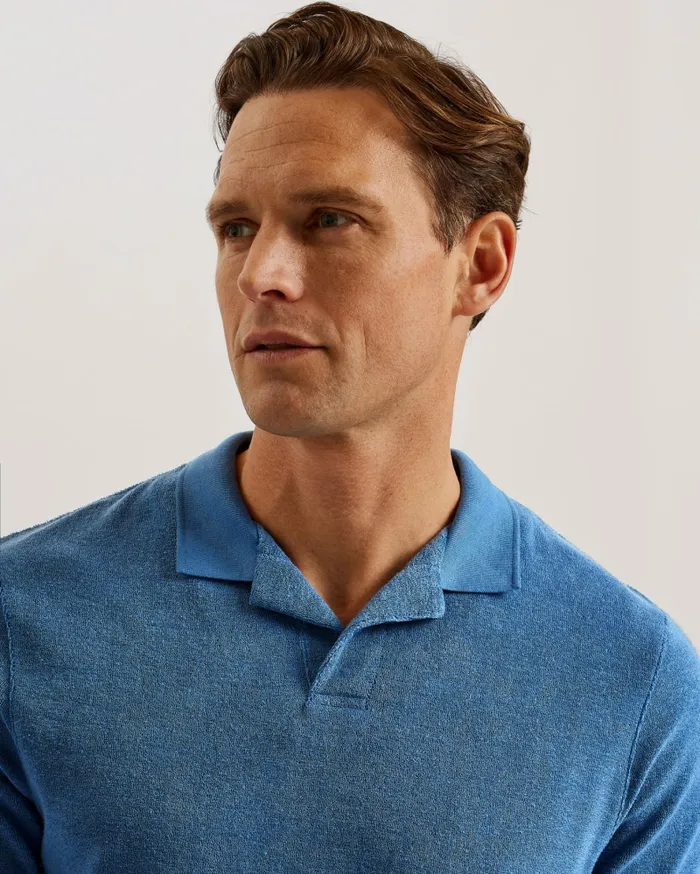 Men SNDBANK 8211 Towelling Revere Collar Polo Shirt Medium Blue Ted Baker Polo Shirts