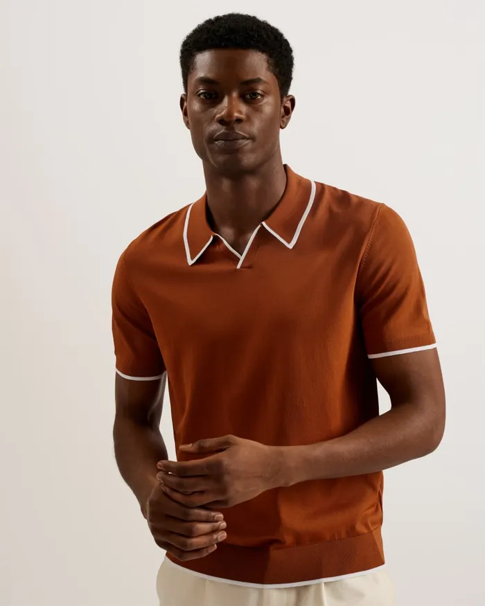 Men STORTFO 8211 Short Sleeve Rayon Polo Shirt Brown Ted Baker Jumpers and Knitwear Men STORTFO 8211 Short Sleeve Rayon Polo Shirt Brown Ted Baker Jumpers and Knitwear
