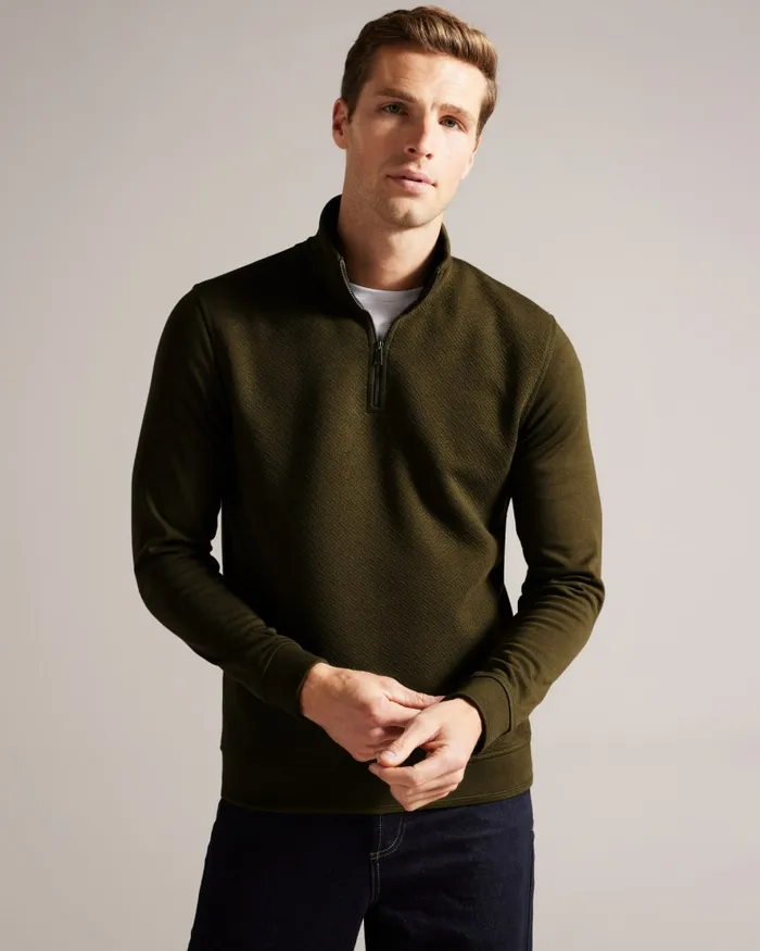 Men TOLTI 8211 Quilted Jersey Half Zip Jumper Khaki Ted Baker Jumpers and Knitwear