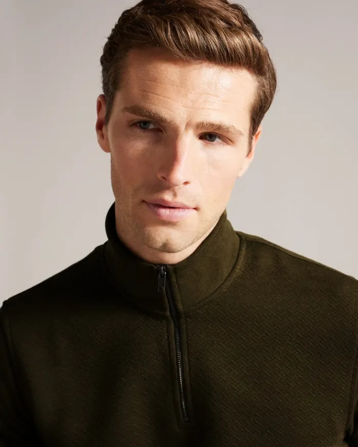 Men TOLTI 8211 Quilted Jersey Half Zip Jumper Khaki Ted Baker Jumpers and Knitwear