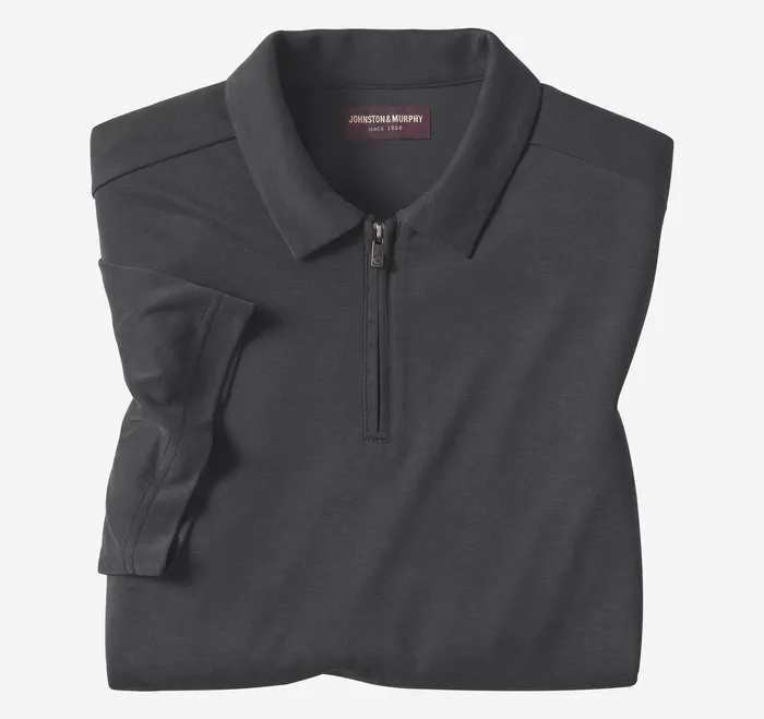 Men Vintage Birdseye Zip Polo Black Polos and Tees Johnston and Murphy