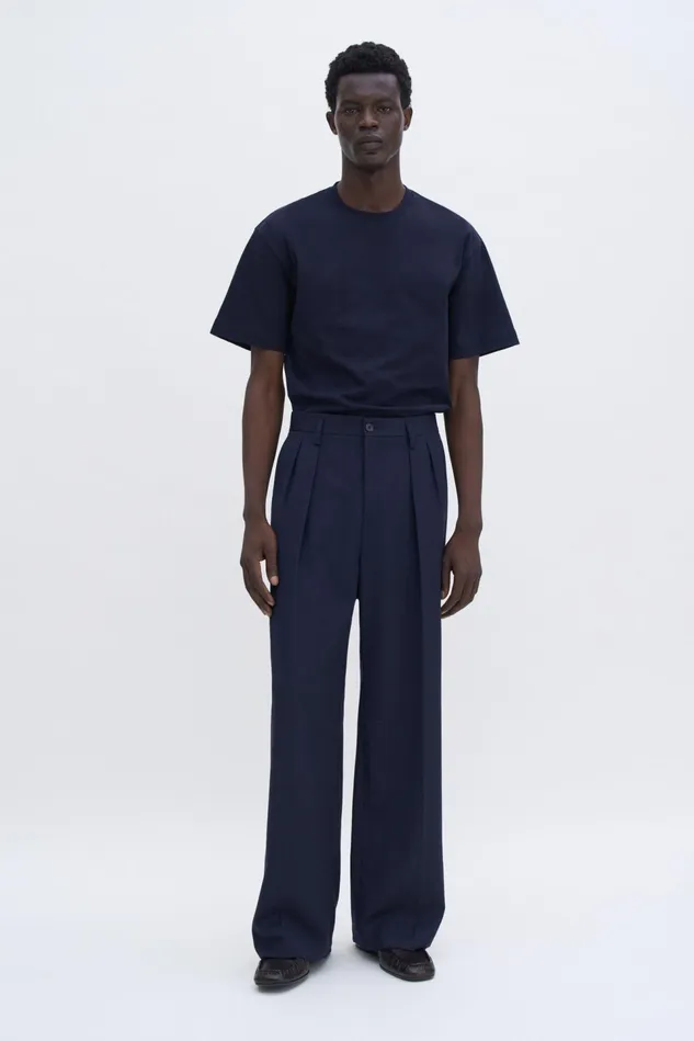 Men Wide Wool Trousers Navy Filippa K Trousers