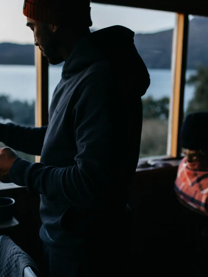 Men Zawn Hoodie Navy Finisterre Sweatshirts and Hoodies